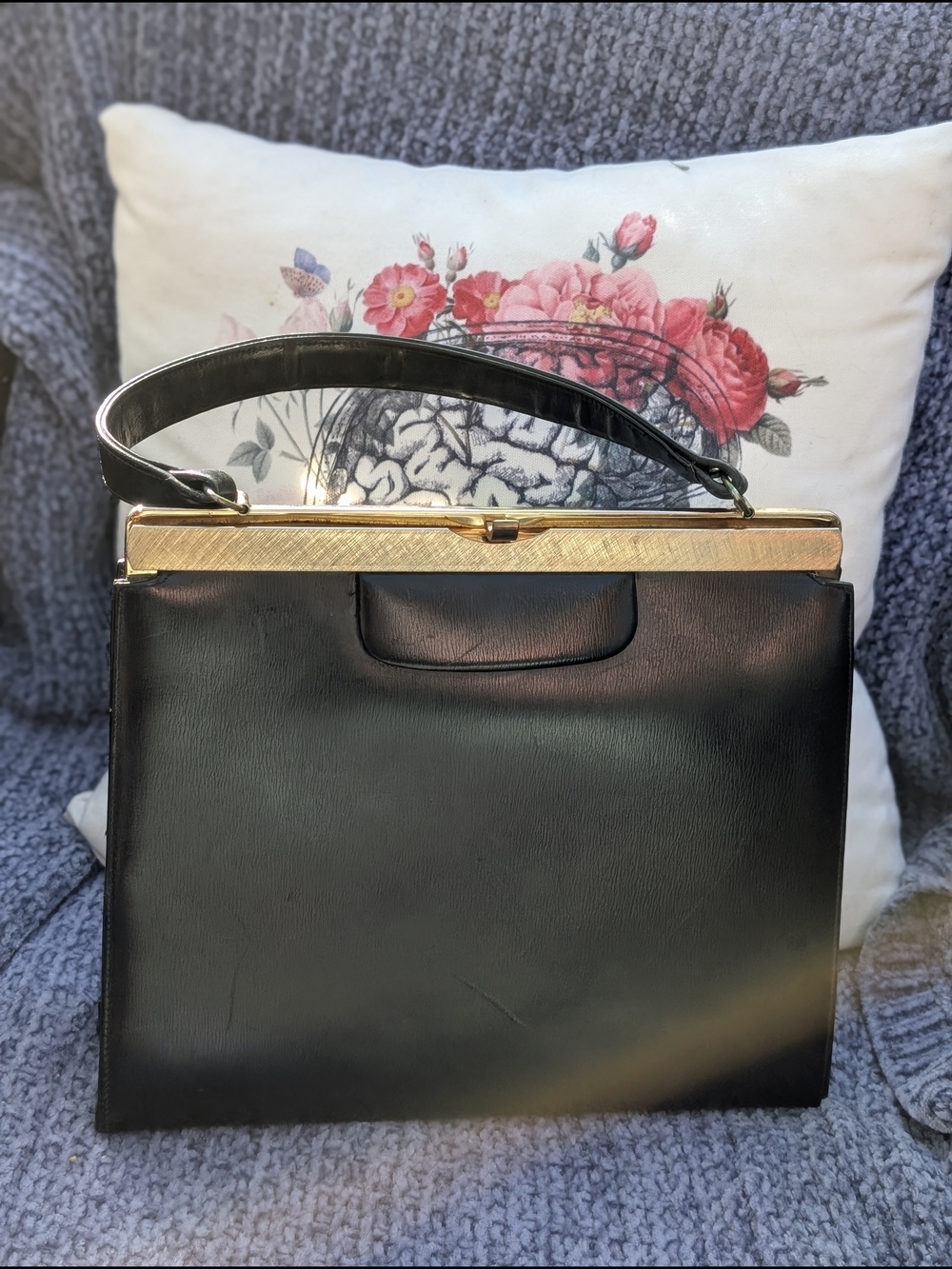 Vintage Black Leather Top-Handle Bag with Gold Trim